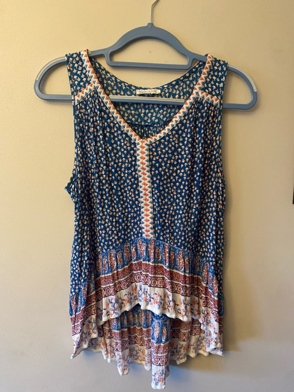Patrons of Peace Embroidered Blue Printed Boho V-Neck high low Tank